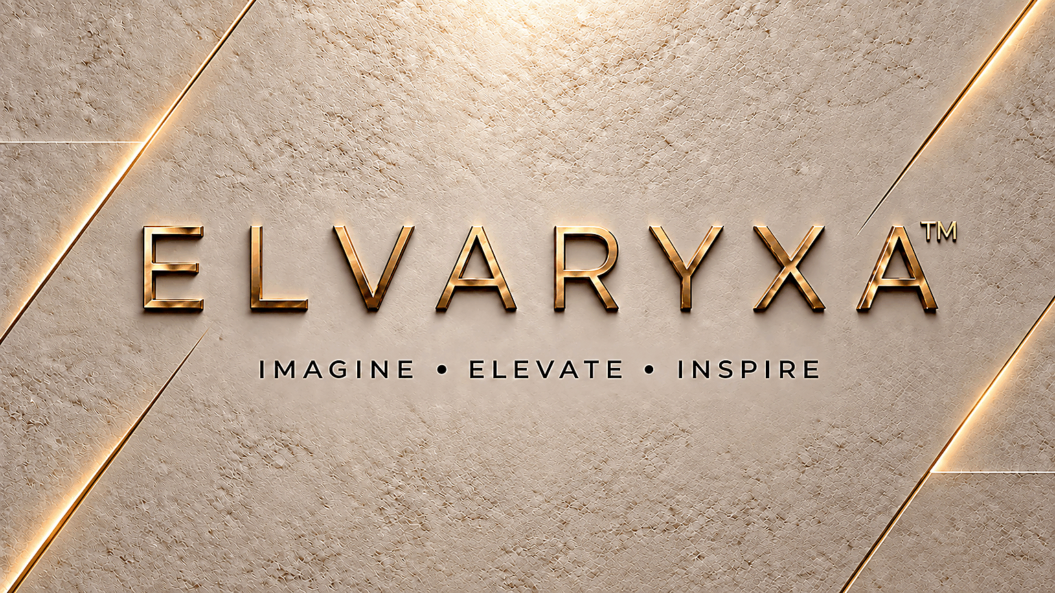 ELVARYXA gold wordmark with the tagline Imagine, Elevate, Inspire on a warm textured background