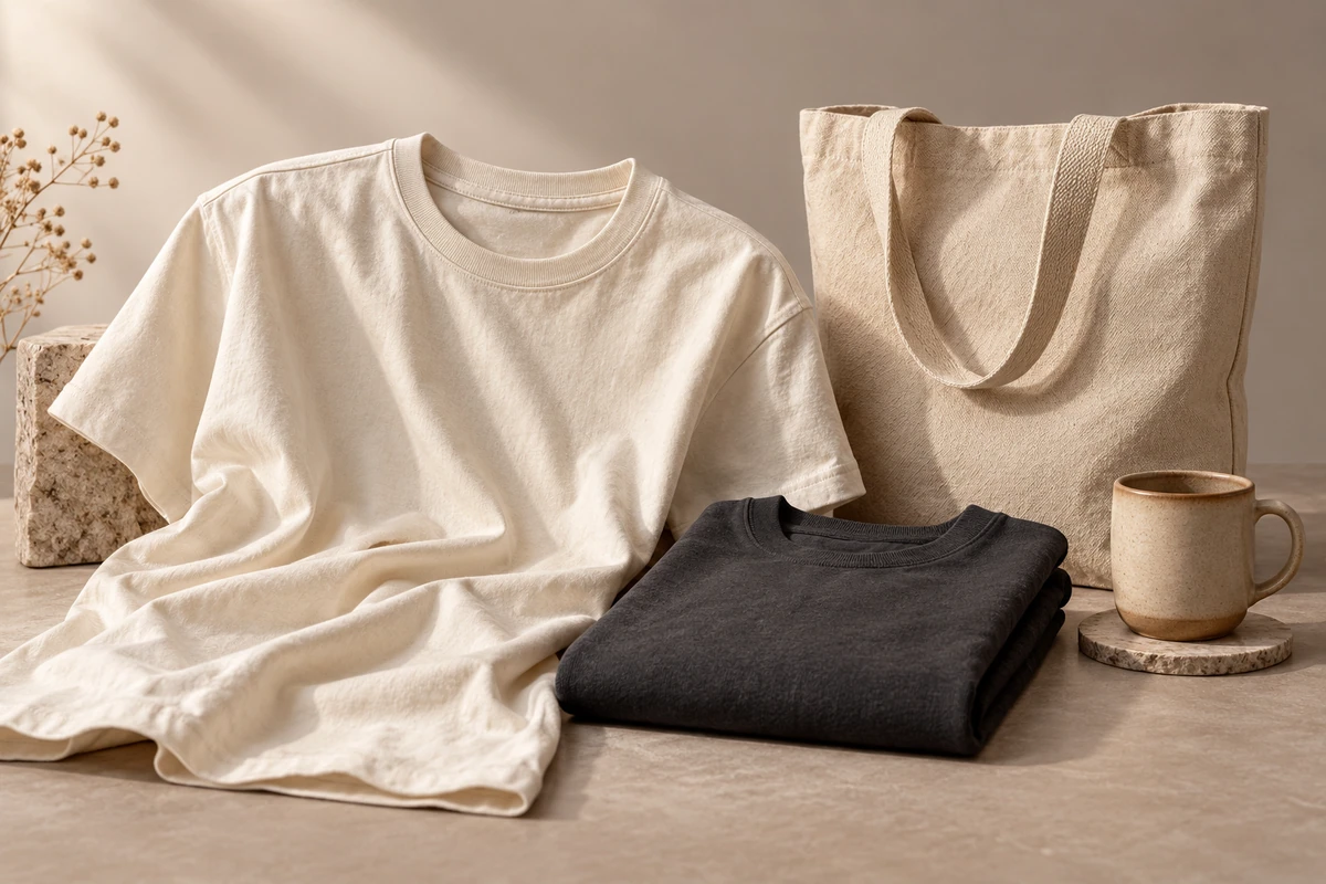 Unbranded clothing, canvas tote and ceramic mug, representing future product ideas