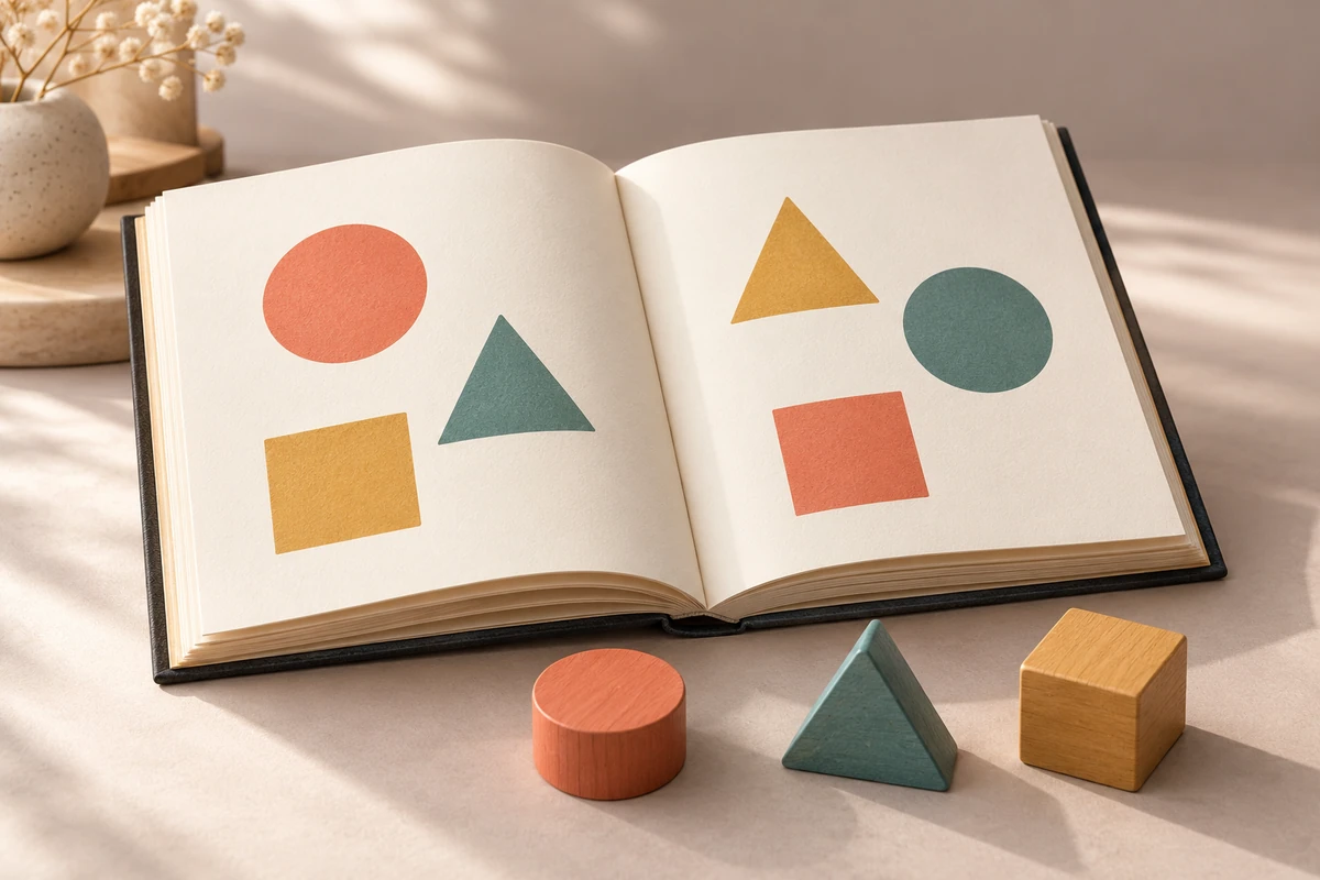 Open picture book and colorful learning shapes, representing publishing and learning